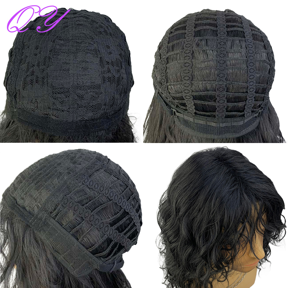 Synthetic Men Wig Natural Curly Dark Brown Color Male Wig With Bangs Water Wave Daily or Cosplay Adjustable Man Hair Wig