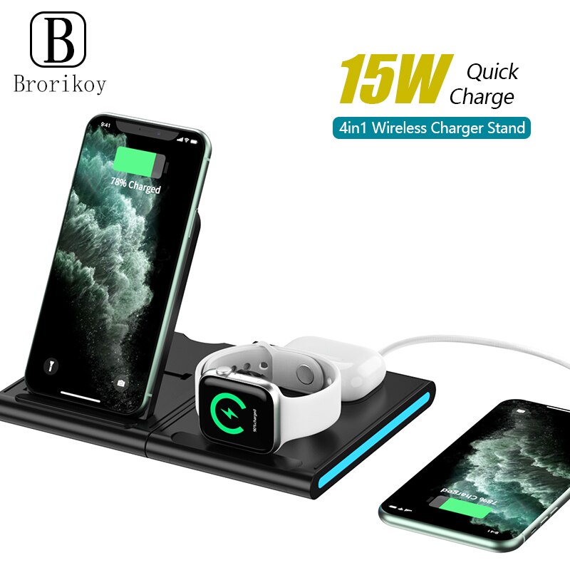 4in1 15W Wireless Charger Splicing Stand Holder for Apple Watch 5 4 3 iPhone 11 Xs Max Airpods Pro/2 Fast Charging for Samsung
