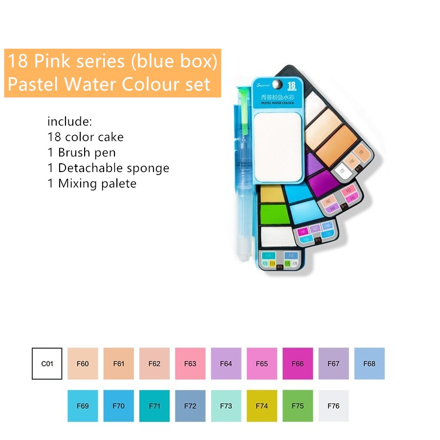 XIUP-Kit de pintura de acuarela sólida portátil en forma de abanico, paleta de pinturas superiores con pincel, suministro de Arte Artístico , H6151: 18 Pink series blue