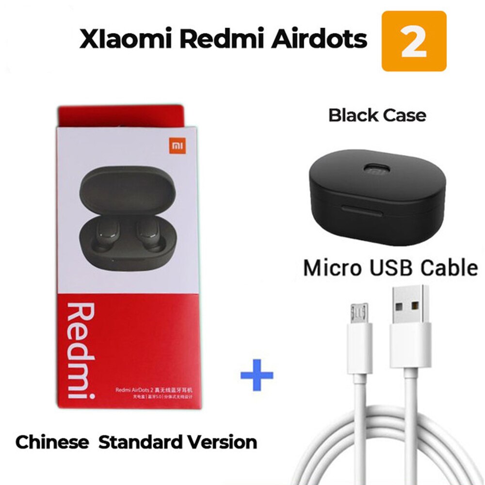 Originale Xiaomi Redmi AirDots 2 Auricolari Bluetooth TWS Senza Fili di Bluetooth V5.0 Stereo Riduzione Del Rumore Mic di Controllo Vocale Auricolare: add black case USB