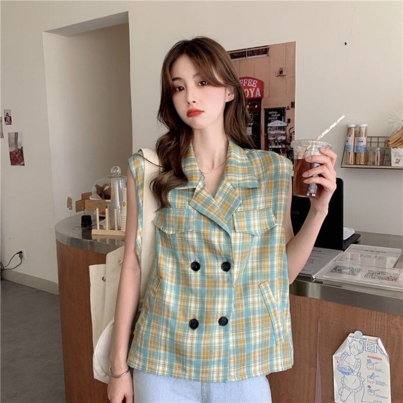 Vesten dames geruite losse inkepingen dubbelrijs chic studenten zomerjassen mouwloos all-match streetwear dames