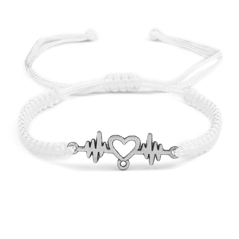 Goud Hartslag Cardiogram Armbanden Vrouwen Rood Zwart Touw Handgemaakte Weven Minnaar Sieraden Armband Speciale Cadeaus Voor Beste Vrienden: White-silver