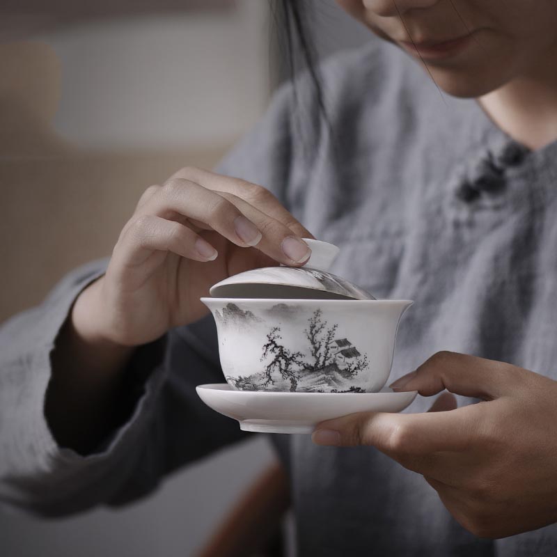 140 ml Jingdezhen Gaiwan Hand Geschilderd Landschap Patroon Porselein Drinkware Master Thee Kom Theeceremonie Decoratie Collectie