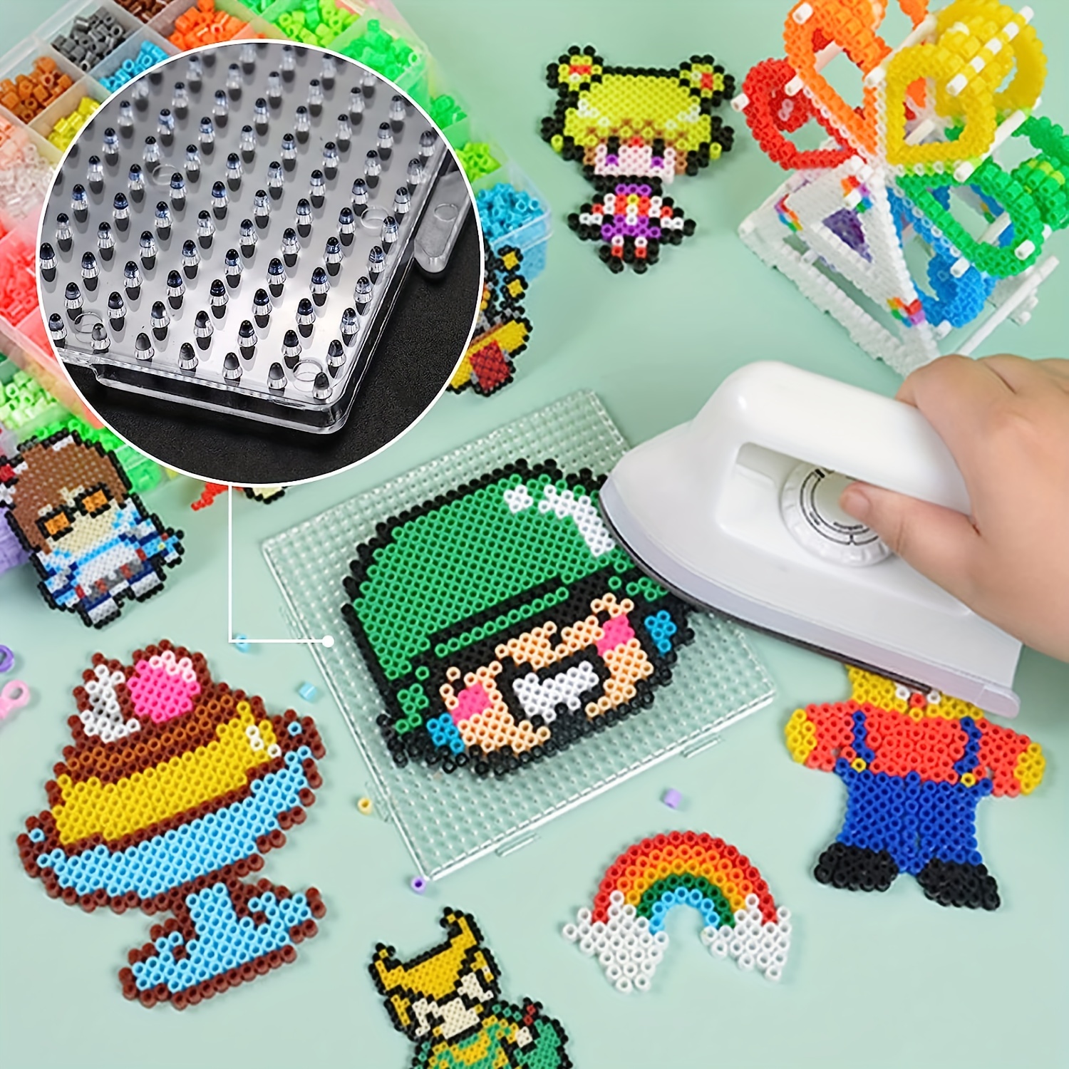 5 mm large, transparent plastic pegboards, bead pegboards with ironing paper and white tweezers, creative diy jewelry making supplies