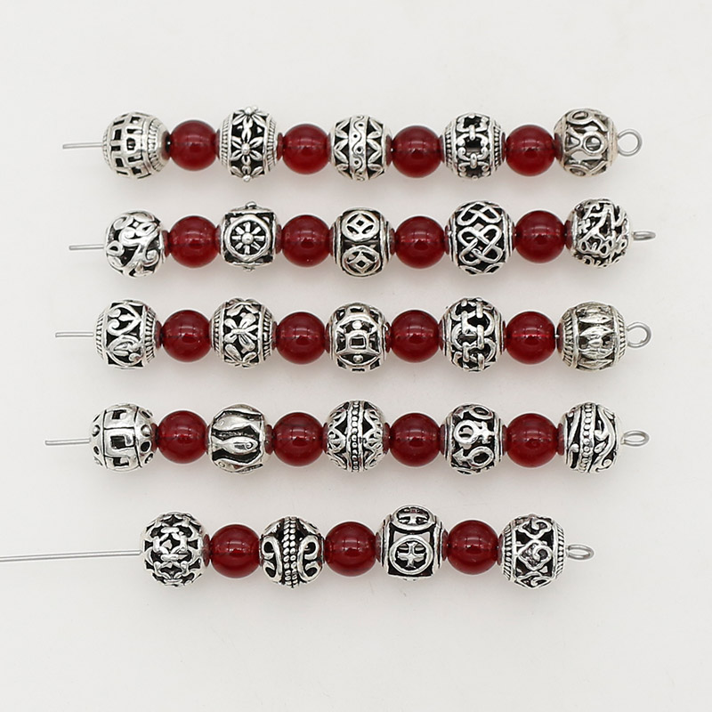 Perles en métal évidées en argent tibétain, fleur faite à la main, perles d'espacement papillon, fabrication de bijoux européens bricolage, 8mm, 24 modèles, 10 pièces par lot
