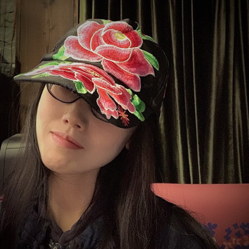 Johnature efterår toppede kasketter broderi afslappet vintage 2 farver kvinder retro hatte