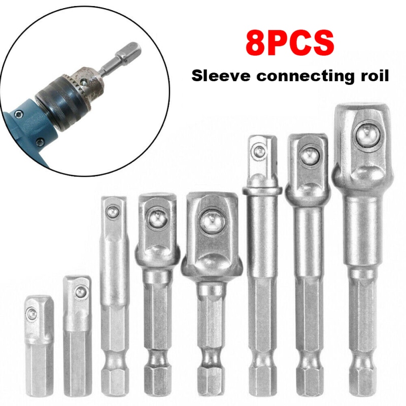 8PCS Drill Socket Bit Adapter for Impact Driver with Hex Shank To Square Socket Drill Bits Bar Extension 1/4 3/8 1/2 Bit Set