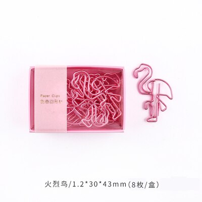 8pcs/box Cute Metal Paper Clips Flamingo Cactus Shaped Cartoon Binder Clip Kawaii Unicorn Planet Bookmark Memo Clips Stationery: 8pcs flamingo