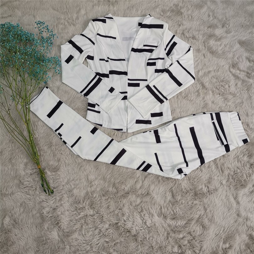 White Pant Suit for Women Work Two Piece Outfits Autumn Winter Print Blazers Jackets Trouser Sets Ladies Formal Bussiness Suits