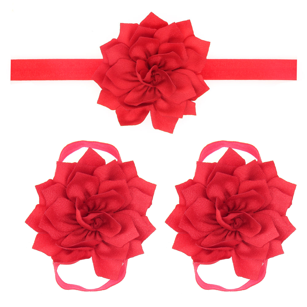 Sandalias de bebé con flores para cubrir zapatos descalzos, lazos de flores, zapatos de primeros pasos para niños, conjunto de diadema, accesorios de fotografía KFA11: KFA11-red