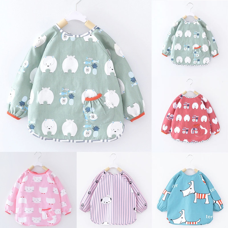 Cute Cartoon Baby Bibs Waterproof Kids Baby Boy Girl Bibs Babador Cotton Baby Feeding Stuff Burp Cloth Long Sleeve Apron Bavoir