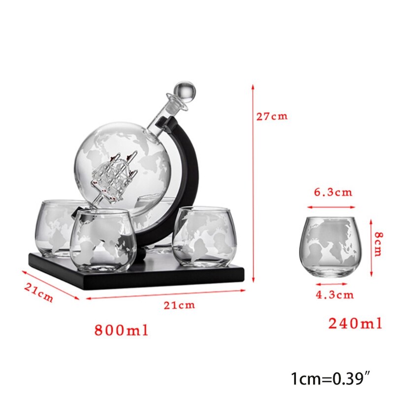 Whiskey Decanter Globe Set with 4 Etched Globe Whisky Glasses - for Liquor