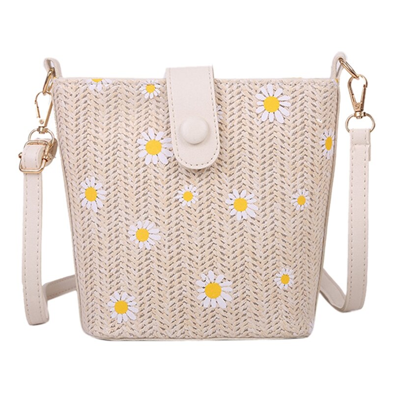Petite marguerite paille tissé sac besace femme chaine sac seau sac bohème sac cartable: White
