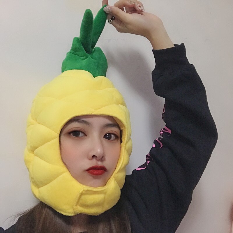 Leuke Ananas Hoed Cosplay Props Geel Groen Stiksels Fruit Hoofddeksels Winter Warm Gehoorbescherming Hoed Vrouwelijke Grappige Accessoires