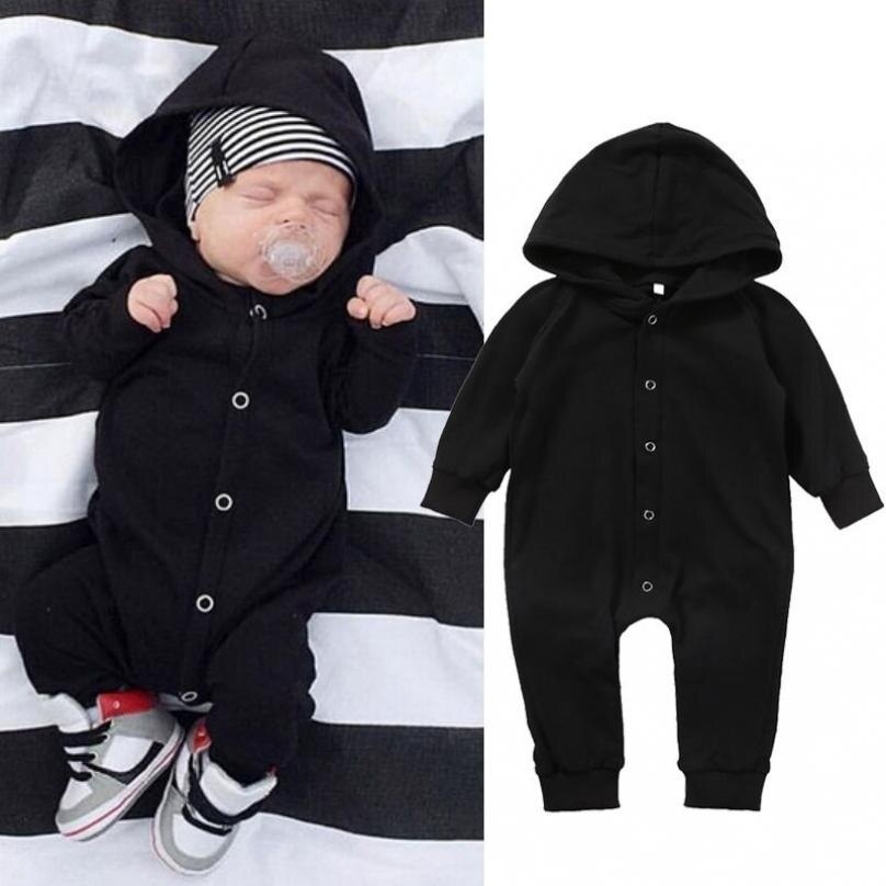 Solid Long sleeve Buttons Up Hooded Romper For Baby Boy