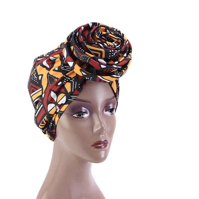 Bonnet Women African Floral Print Ankara Bonnet Hat Ladies Turban Big Flower Cap Head Scarf Beanies Wrap Indian: 11 Brown
