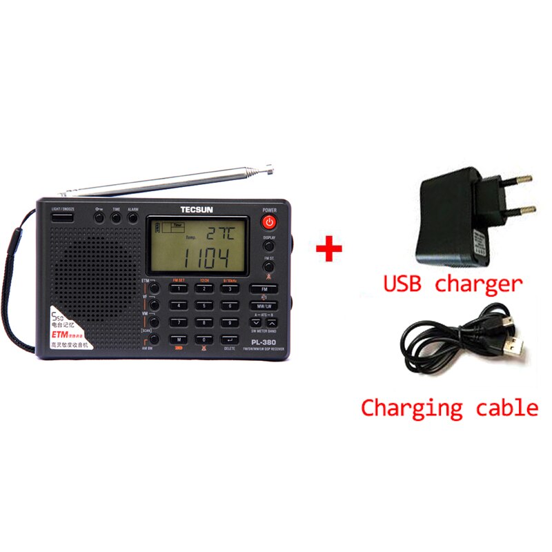 Tecsun pl -380 dsp pll fm mw sw lw digital stereo radio världsbandsmottagare radio bärbar fullband stereo liten radio: Svart och laddare