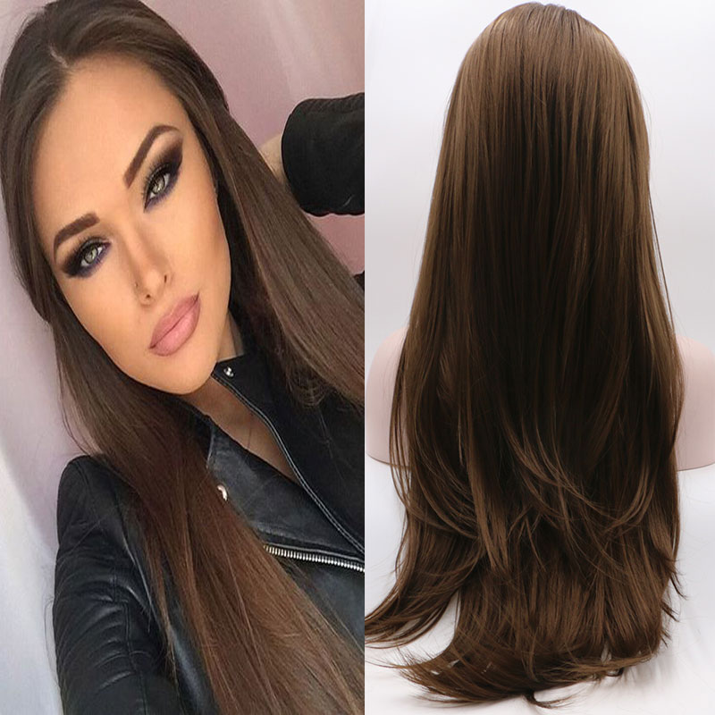 Bombshell Dark Brown Straight Synthetic Hair Lace Front Wig Glueless Heat Resistant Fiber Hair Natural Hairline For Women Wigs