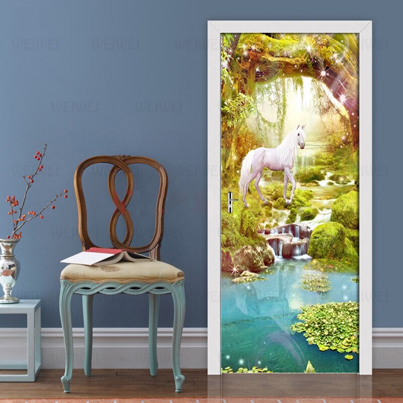 Removable Door Stickers Forest Lake View White Horse Waterproof Living Room Bedroom Door 3D Wallpaper Self Adhesive Wall Decal