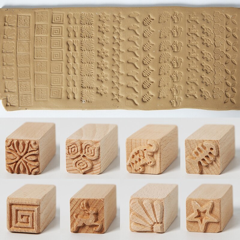 Wooden Stamps Hand Carved For Printing DIY Clay Pottery Printing Blocks Fish Bone / Squirrel / Flower / Deer Clay Tools