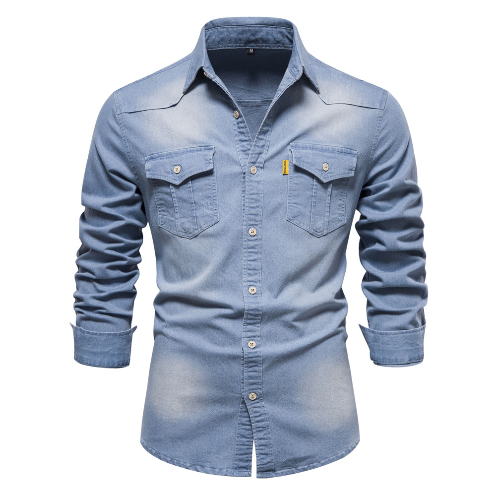 2025 Frühjahr Herren-Jeanshemd, 100 % Baumwolle, elastisch, lässig, schmale Passform, Streetwear-Kleidung, langärmelig, mehrere Taschen, Cowboy-Hemden: S / Himmel Blau