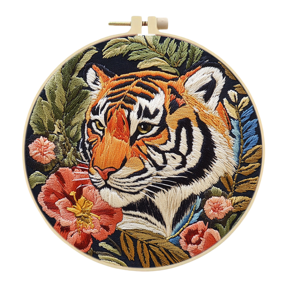 Tiger Stamped Cross Stitch Embroidery Kits with Hoop Cloth Color Thread: Red