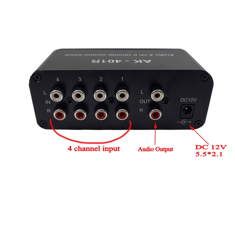 AK-401R Pilot zdalnego sterowania 4 wyjścia 1 wejście RCA Dystrybutor audio Selektor sygnału Przełącznik źródła Głośność dźwięku dla płyty wzmacniacza