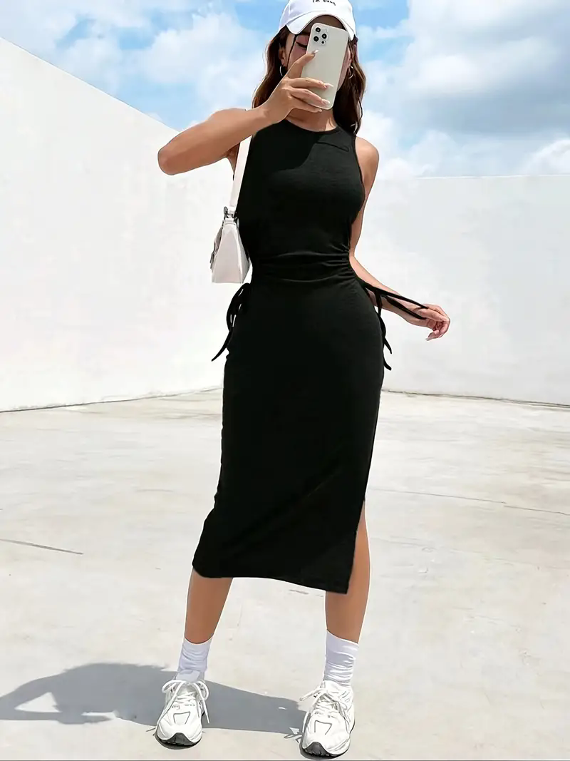 Sense Dew Waist Lace Slim Sexy Side Slit Bag Hip Dress Summer Round Neck Sleeveless Vest Dress Female