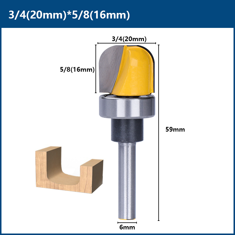 Xcan træfræserbit 6mm skaft 3/4-1/2 diameter skålbakke fræserbit rundnæse fræser til træskæreværktøj: 6 x 20 x 16 x 59l
