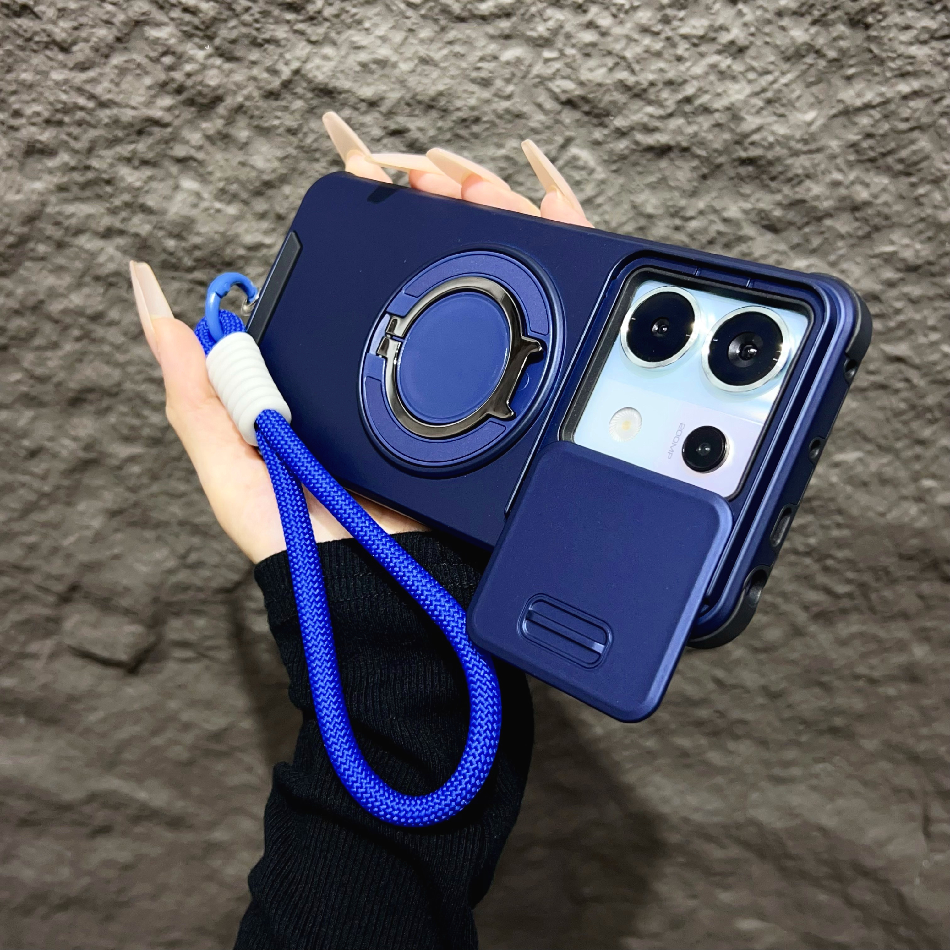 Capa magnética armadura para redmi note 14 13 pro plus 5g 4g xiaomi 14t pro com cordão slide proteção de câmera capa à prova de choque: Microfibra / Azul