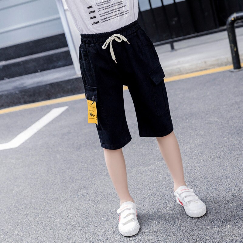 Kids Boy Casual Shorts With Pocket Summer Teenager Cargo Shorts For Boys Child Cotton clothing For 5 To 13 Years Old: Black / 5