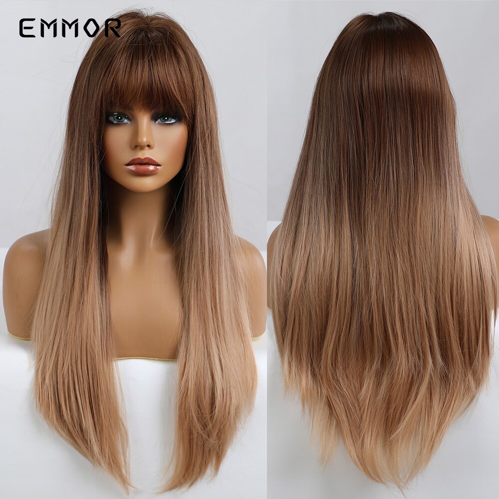 Emmor Synthetic Black Root Ombre Light Golden Blonde Straight Hair Wigs with Bangs High Temperature Cosplay Daily Wig for Women: EM6098