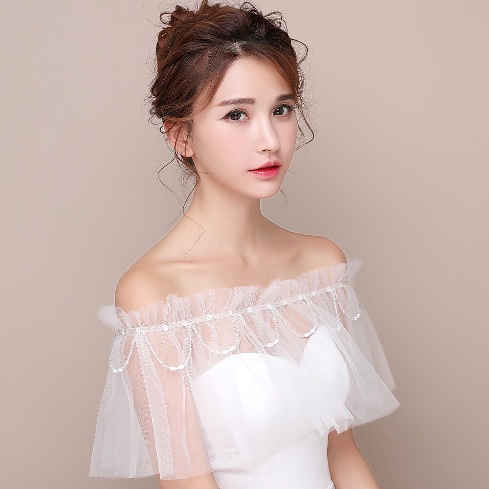 Scialle da sposa con scollo a barchetta in avorio da donna elegante scialle con volant in rilievo con nastro e nappa Sexy Tulle trasparente con stola sulla spalla