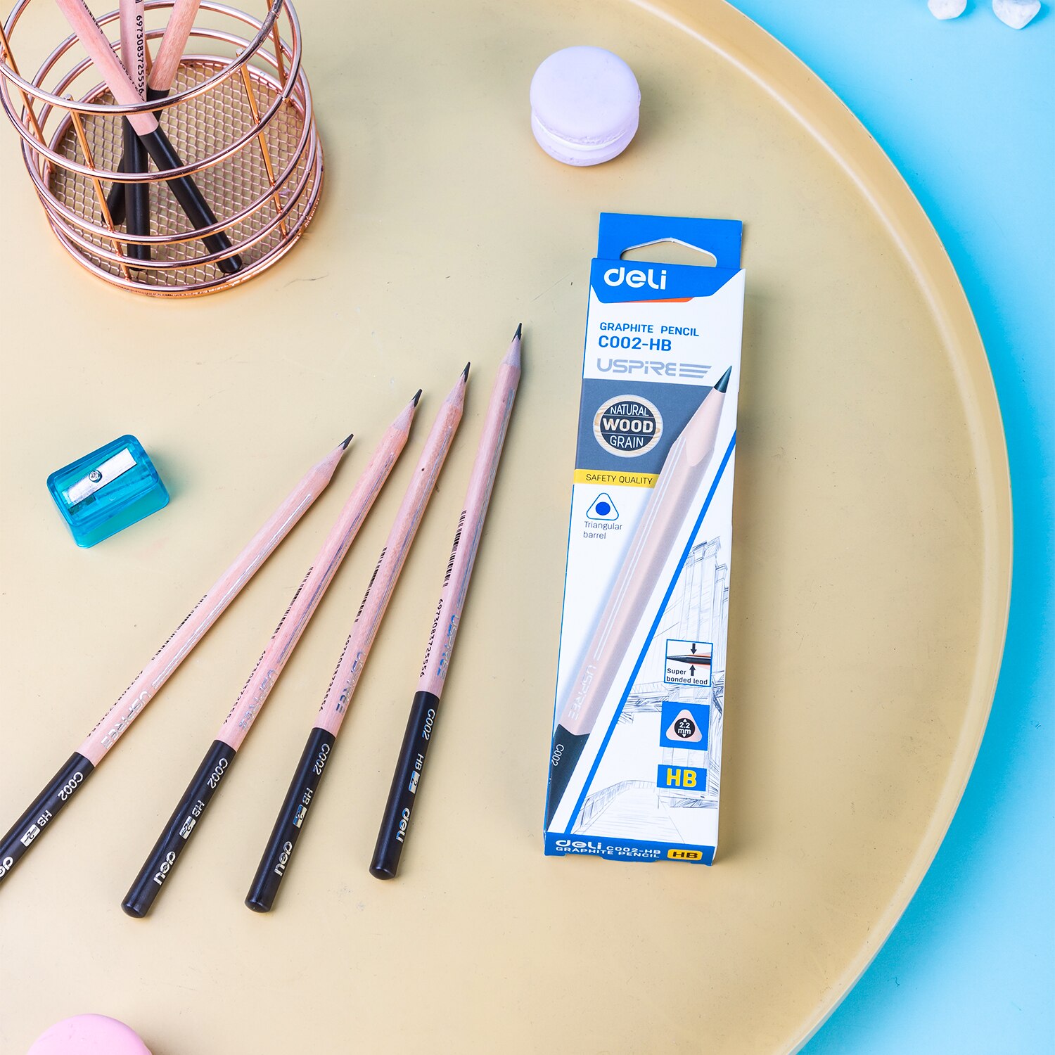 Deli HB Pencil Triangle Pencils 12 Pcs/Set Blue Black Dipped Head Graphite Lead Core Students Writing Stationery EC002-HB