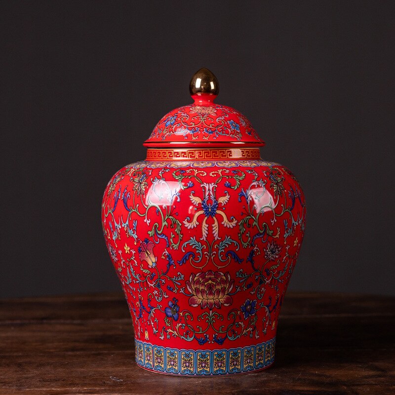 Moderne Rode Geschilderd Bloem Keramische Potten Opslag Grote Capaciteit Verzegelde Thee Blikken Gilded Porselein Ambachten Snoep Potten Woondecoratie: A