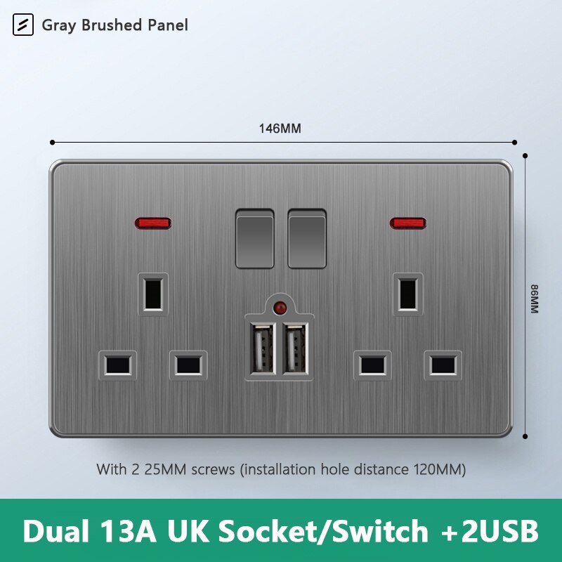 Atlectric UK Standard 13A Wall Socket Black White Gray Plastic Embedded Panel Usb Socket With Switch 110-250V Two Britain Outlet: 2UK2U2GL-LLS