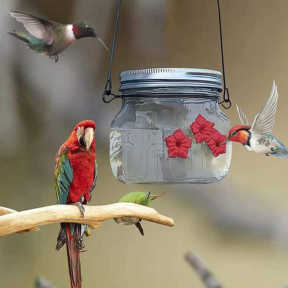 Hanging Hummingbird Feeder Outdoor Garden Bird Feeder Drinker Transparent Mason Jar Flower Decoration Birds Accessories Supplies: Mason Jar