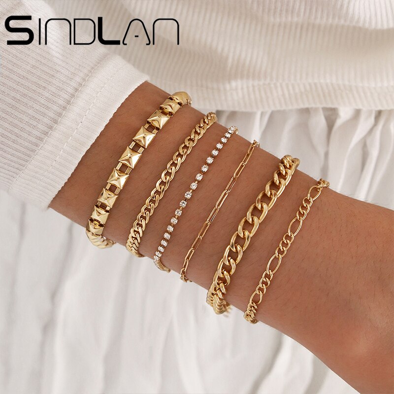 Geometric Simple Gold 6Pcs Couple Bracelet Set for Women Charm Easy Hook Full Crystal Exaggerated Female Hollow Wrist Jewelry: S850