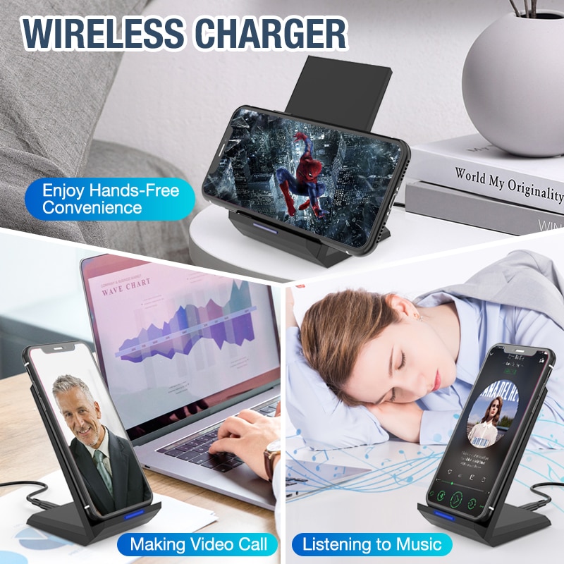 15W Qi Wireless Charger Stand for iPhone 11 Pro 8 X XS Samsung S10 S9 S8 - Fast Charging Desktop Phone Holder with LED Indicator