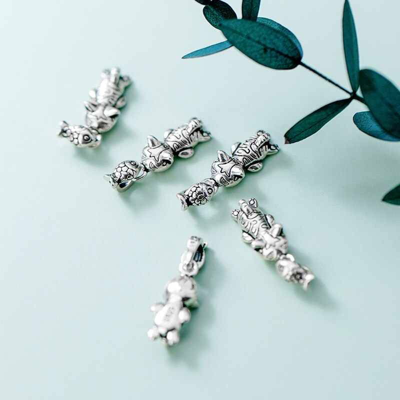 Meetsoft Classic 925 Sterling Zilveren Kat Eten Vis Bengelen Charmes Diy Handgemaakte Sieraden Voorkomen Allergie Kind Accessoires
