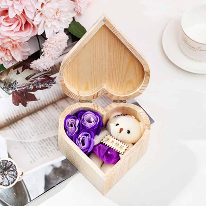 Caja de jabón con forma de corazón de madera, caja de joyería de flores hecha a mano, flor inmortal para el Día de San Valentín, flor de jabón-30