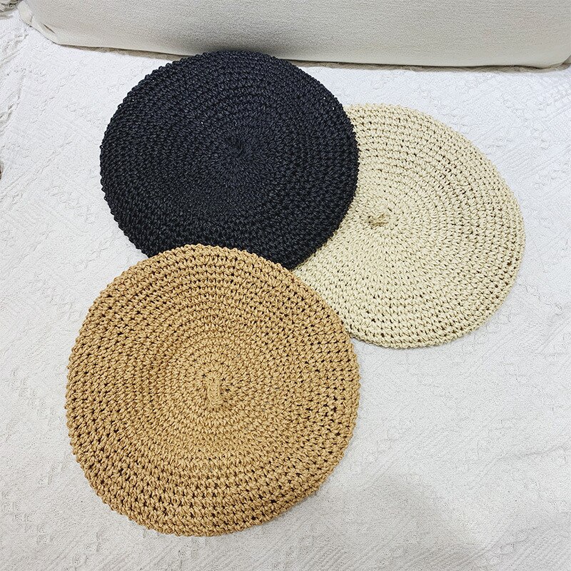 Adjustable Weave Beret Straw Hats For Women Summer Breathable Travel Beach Sun Hat Casual Artist Caps Chapeau Femm