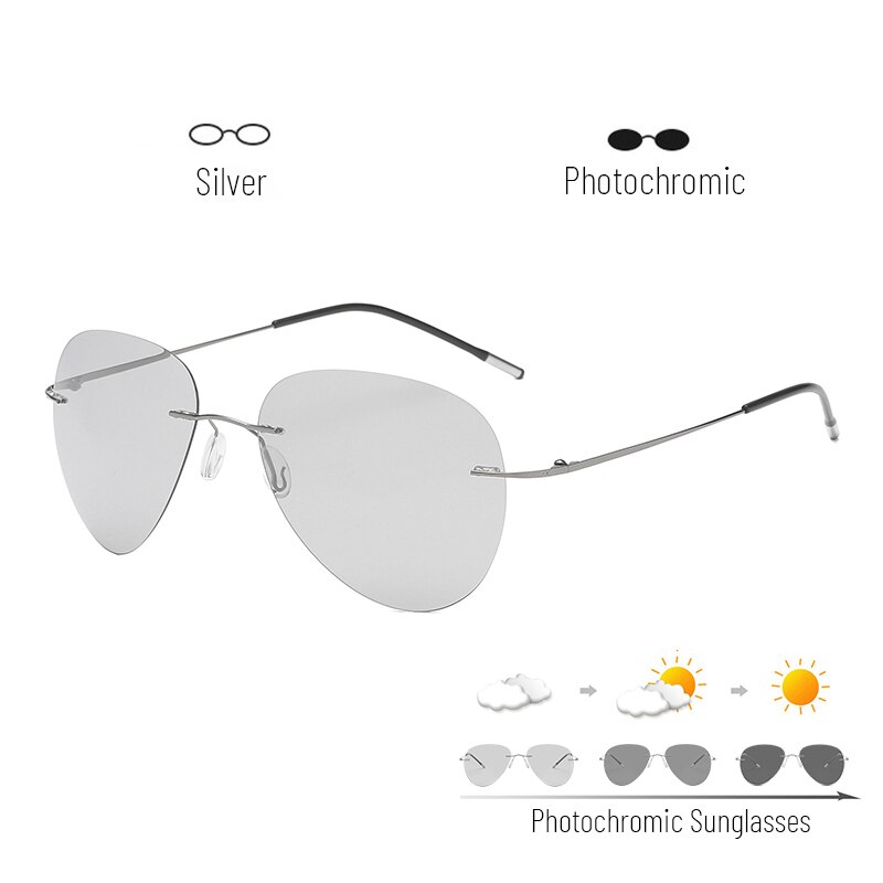 Titanium Rimless Photochromic Sunglasses Men Polarized Driving Ultralight Pilot Sun Glasses for Outdoor Fishing UV400: C2foldingtemple / blacktemple