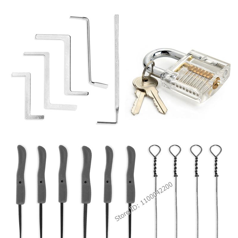 3 In 1 Set Locksmith Tools Practice Transparent Lock Kit With Broken Key Extractor Wrench Tool Removing Hooks Hardware: White Set