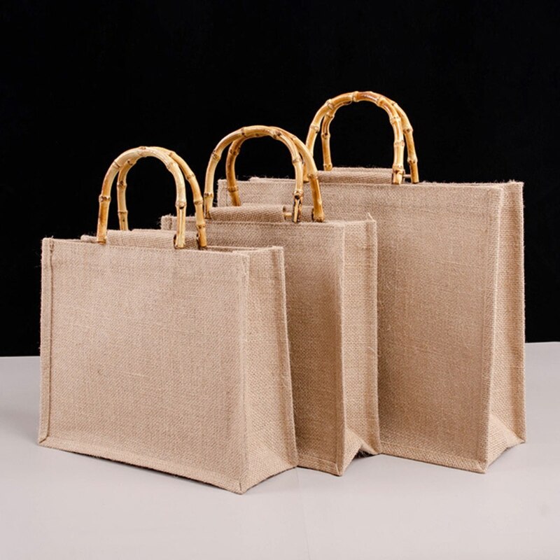 Portable Burlap Jute Shopping Bag Handbag Bamboo Loop Handles Tote L41B