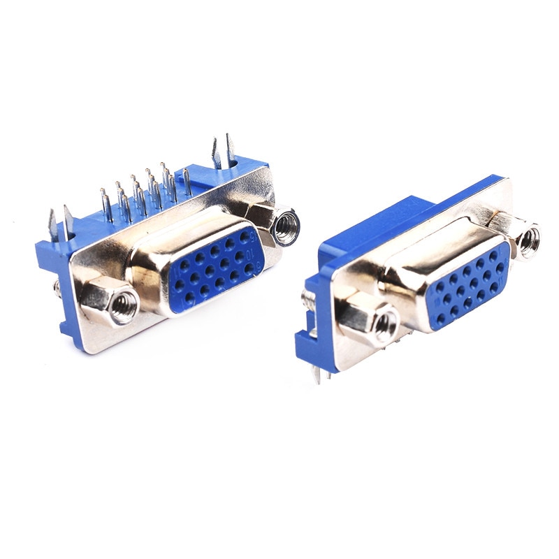 Adaptateur VGA DB15 DR15 à 3 rangées, Port parallèle bleu, 15 broches D Sub 15 voies, connecteur femelle PCB à 90 degrés, 10 pièces/lot