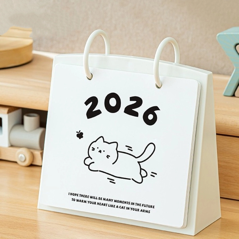 Plastic 2026 Desktop Kalender Cartoon Draagbare Staande Flip Kalender Kat Patroon Stabiele Basis Dagelijkse Planner Thuis