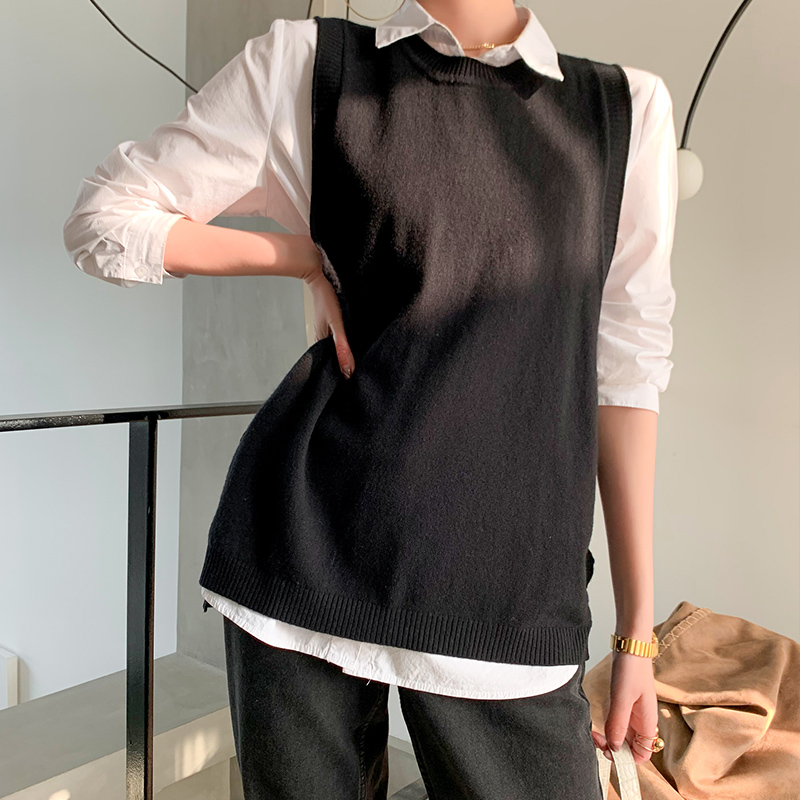 Lhzsyy - chaleco de cuello redondo para mujer, de lana pura, holgado, para exteriores, de punto, sin mangas, de cachemira, para primavera y otoño: Negro / Yo