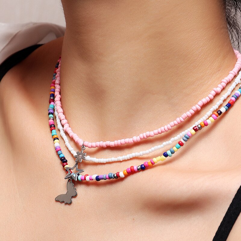 Bohemian Multilayer Zaad Kraal Ster Maan Vlinder Hanger Ketting Voor Vrouwen Mode Strand Eenvoudige Lock Choker Kraag