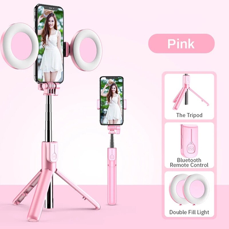 Wireless bluetooth Selfie Stick LED Ring light For iPhone X 8 Android smartphones expandable handheld monopod real-time Tripod: Pink with Light